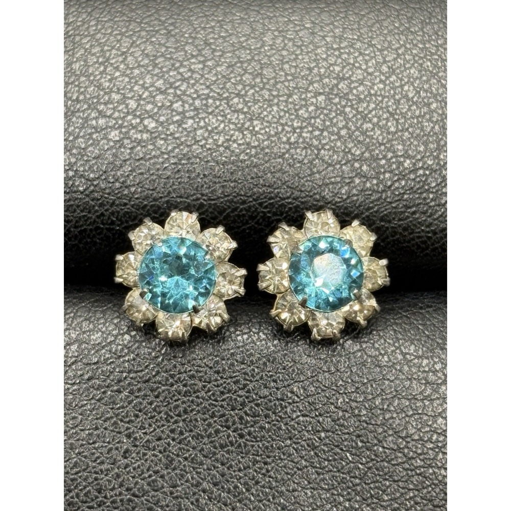 Vintage Sterling Silver Blue Crystal Flower Stud Earrings 925 G29